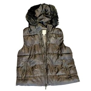 GAP Black‎ Puffer Vest with Faux Fur Trim